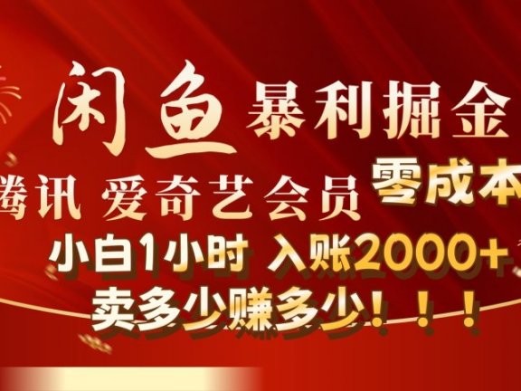 闲鱼全新暴力掘金玩法，官方正品影视会员无成本渠道!小自1小时保底收入2000+