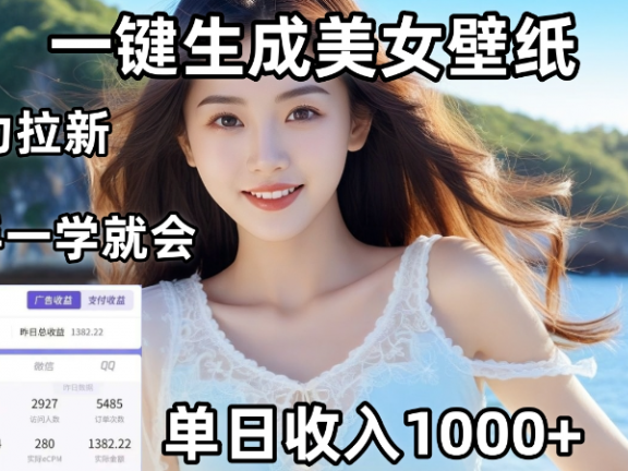 通过AI一键生成，美女壁纸暴力拉新，单日变现1000+，两分钟制作一个作品！新手小白一学就会！